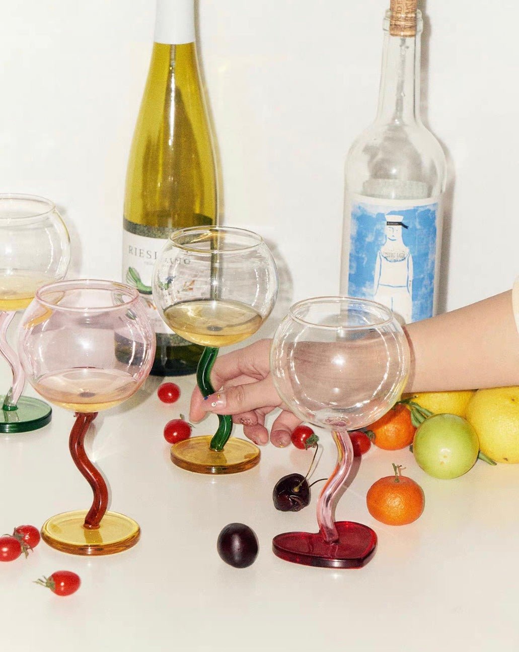 Handblown Bubble Wine Glass - Retro Whimsical Eclectic Wavy Stemmed